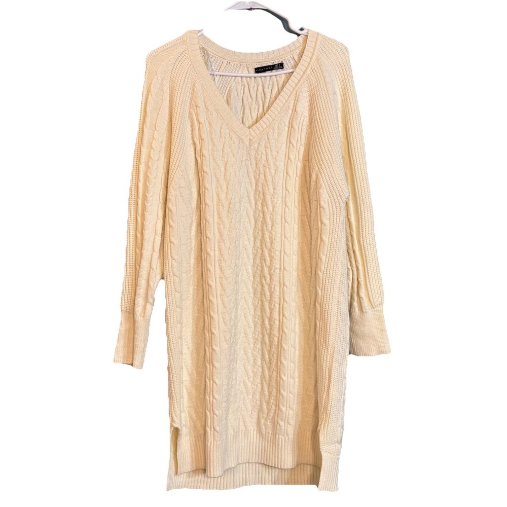 Black Tape Womens Size 1X Cable Knit Sweater Dress Cream Long Sleeves‎ V-Neck